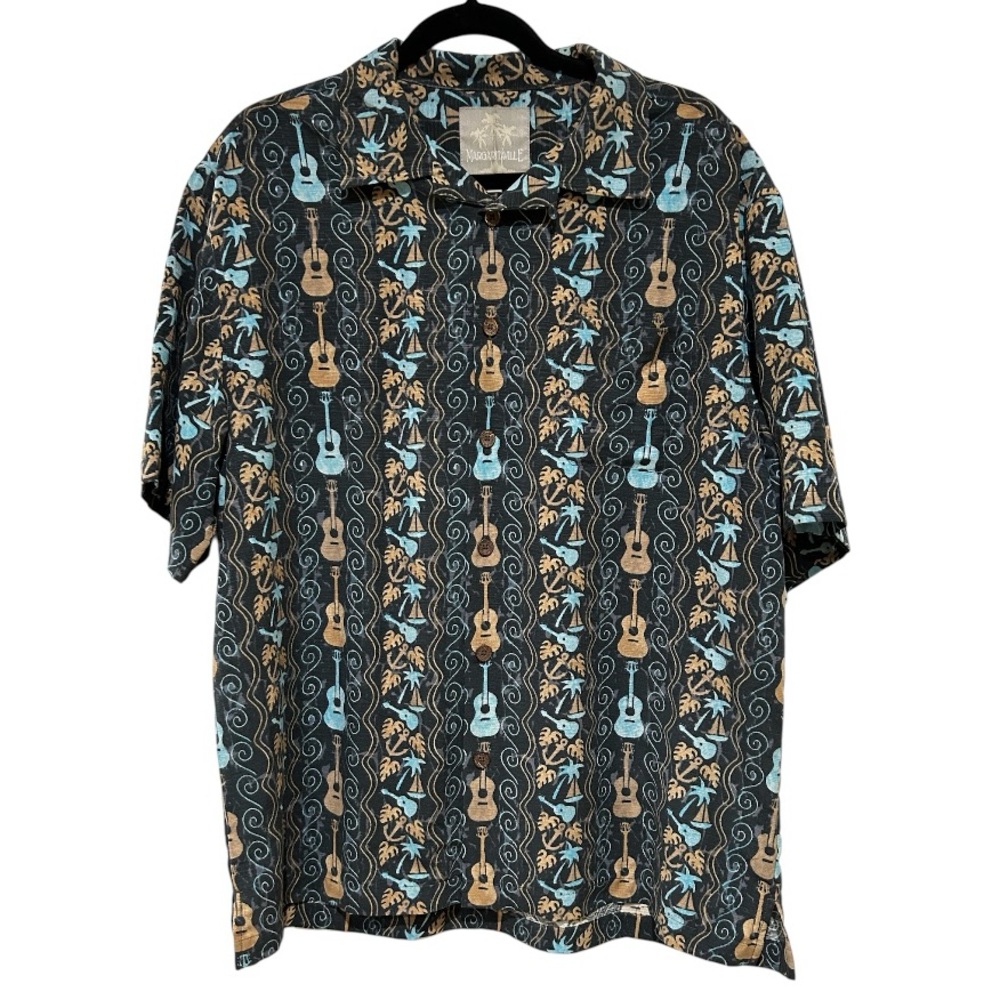 Margaritaville Silk Hawaiian Shirt Ukulele Boats Palm Leaves Anchors